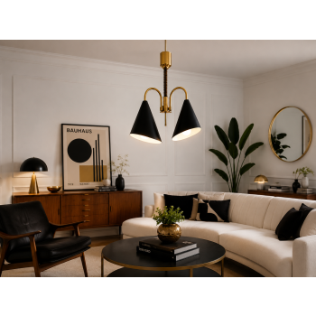Mosiężna lampa wisząca vintage z dwoma kloszami.